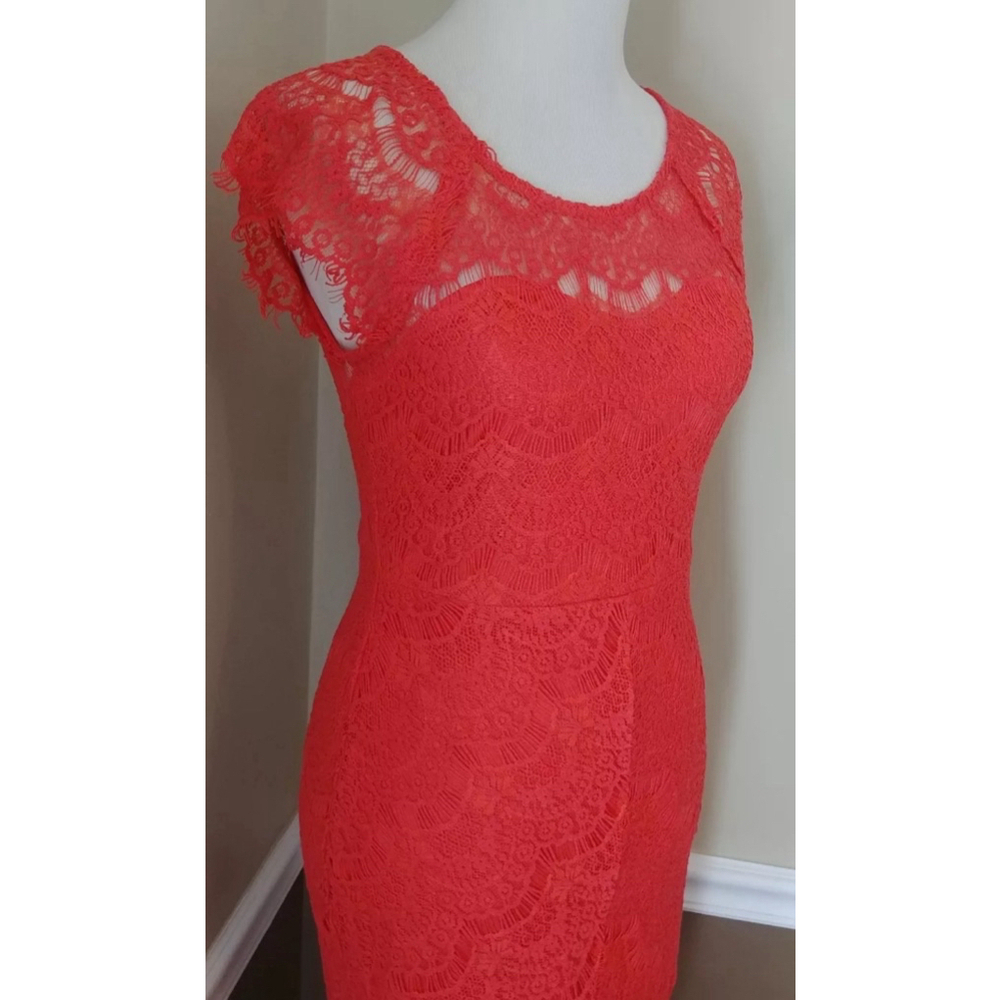 Lace Open Back Cocktail Dress Red-Orange Asymmetric Hem by Soiéblu Modcloth - Picture 4 of 9